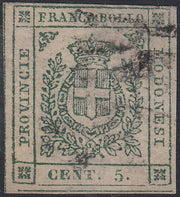 ES2609_7 - 1859 - Scudo di Savoia sormontato da corona Reale, c. 5 verde smeraldo usato (12a)