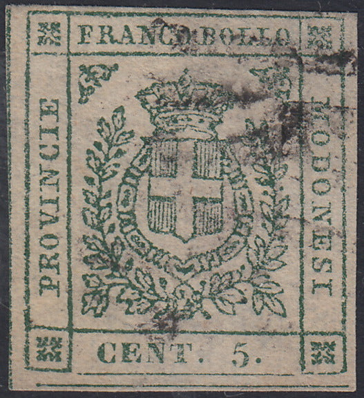 ES2609_7 - 1859 - Scudo di Savoia sormontato da corona Reale, c. 5 verde smeraldo usato (12a)