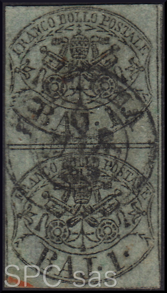 ES669 - 1854 - Stato Pontificio I emissione 1 baj verde grigiastro inchiostro grigio-oleoso coppia verticale usata (2b)