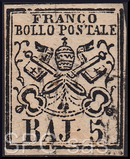 ES686 - 1852 - Stato Pontificio I emissione 5 baj rosa chiaro usato (6)