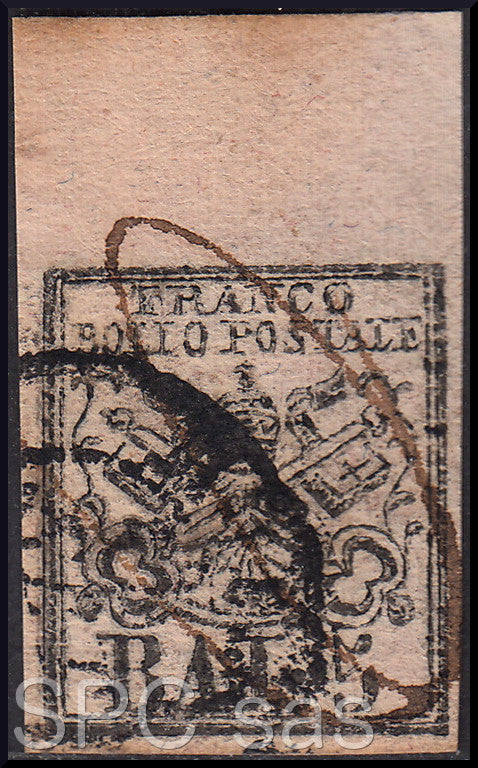 ES688 - 1854 - Stato Pontificio I emissione 5 baj bianco rosaceo stampa inchiostro grigio-oleoso usato (6b)