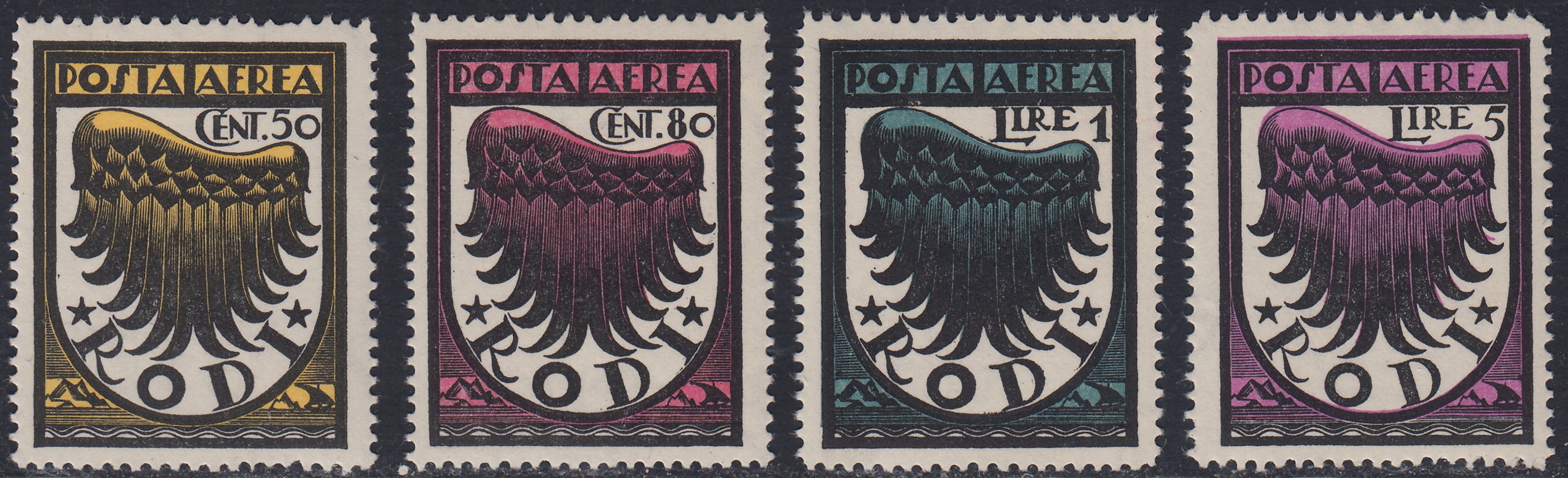 Egeo28 - 1932 - Stylized Wing, set of four values, perforation 14 1/4 new with intact rubber (30/33) 