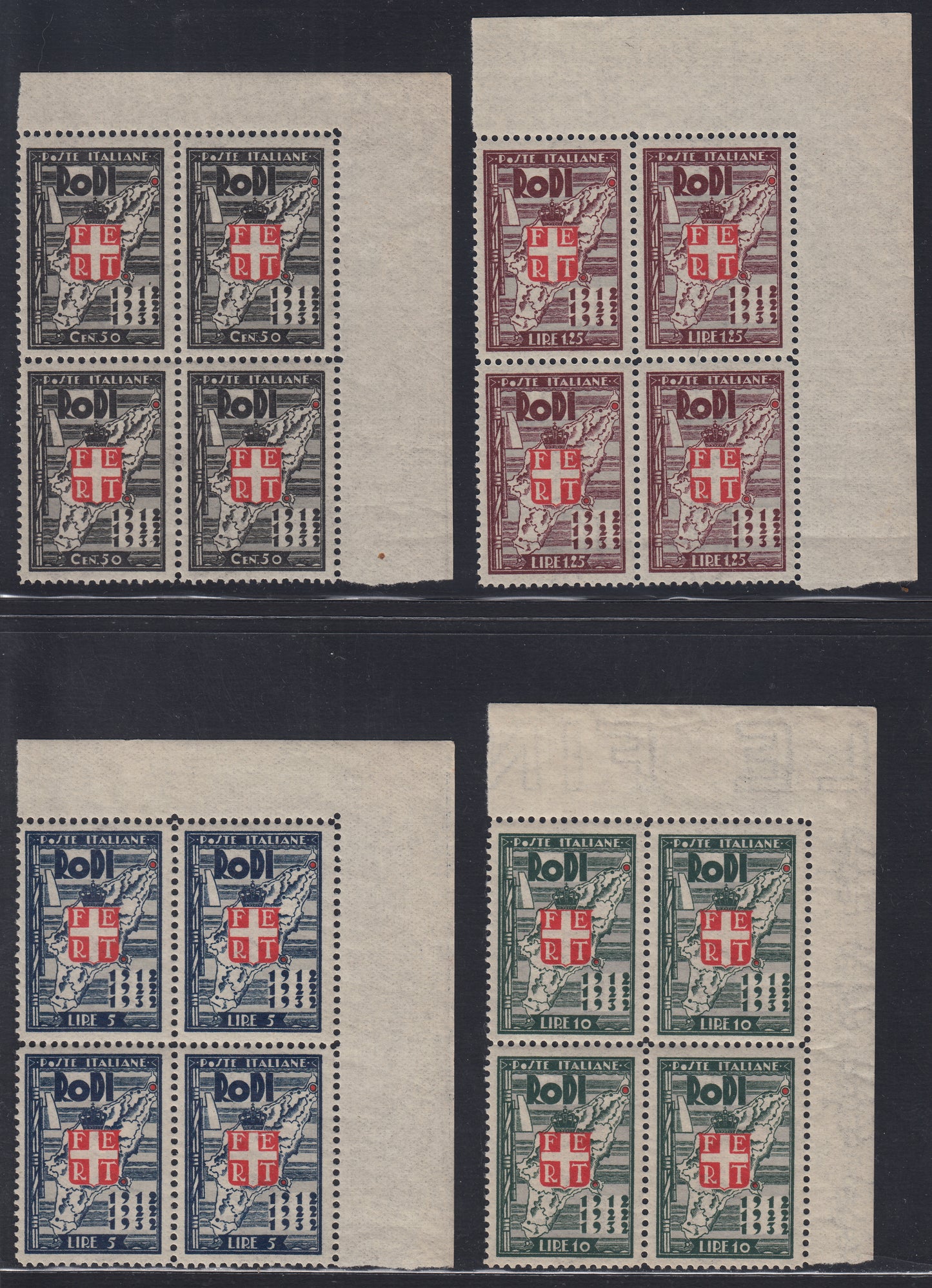 Egeo30 - 1932 - Egeo, twentieth anniversary of the occupation and tenth anniversary of the fascist revolution, series of 9 values ​​in blocks of 4 new ones with intact rubber, spectacular! (65/63) 
