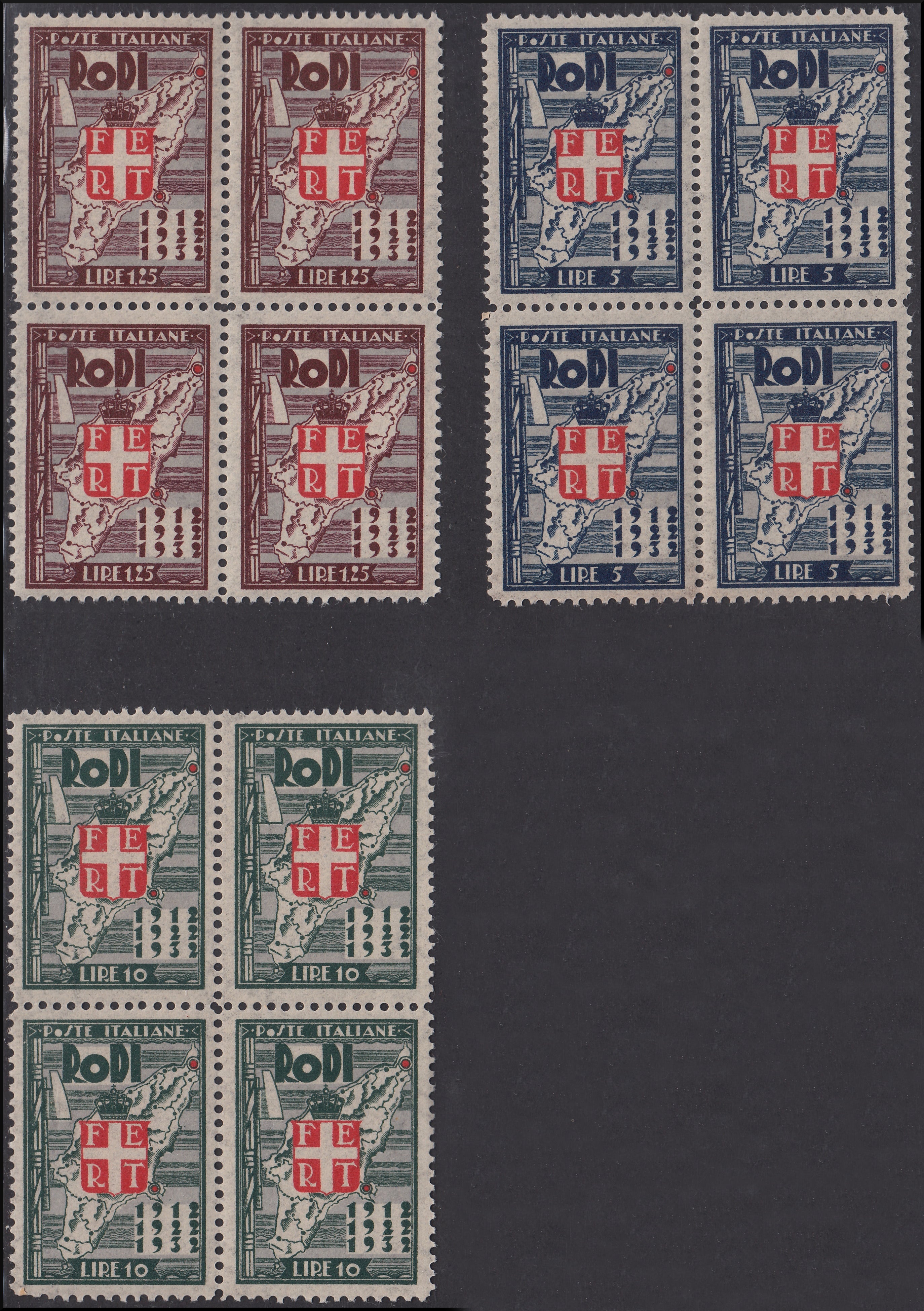 EGEO4 - 1932 - Ventennale dell'occupazione e decennale della rivoluzione fascista, serietta (escluso l'alto valore) in quartine nuove gomma integra integre (65/73)