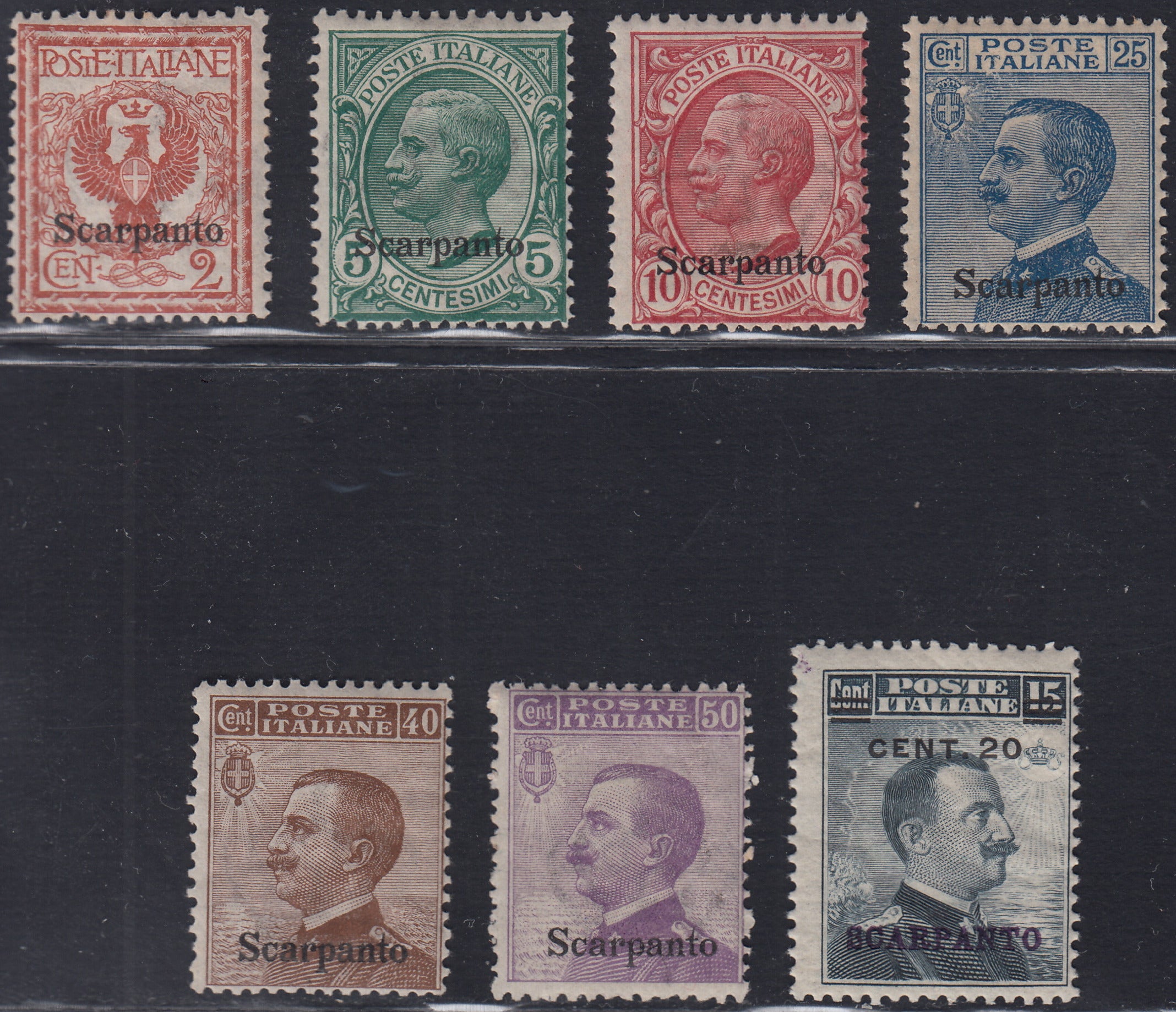 Egeo65 - 1912 - Francobolli di Regno soprastampati "Scarpanto", sette valori nuovi gomma integra (1/3 + 5/8)