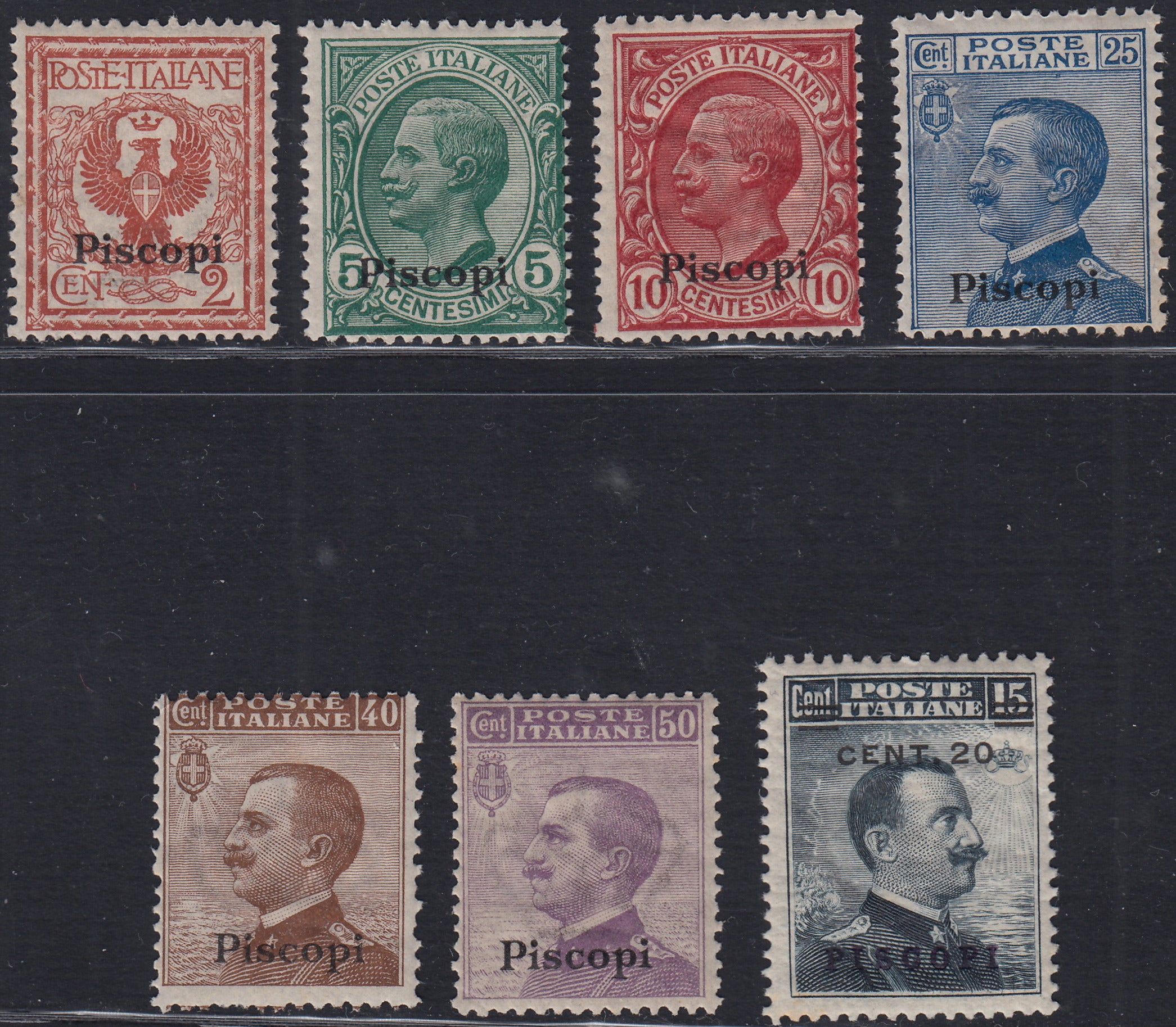 Egeo70 - 1912 - Francobolli di Regno soprastampati "Piscopi", sette valori nuovi gomma integra (1/3 + 5/8)