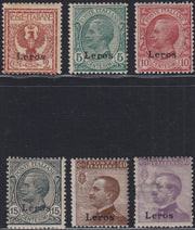 Egeo72 - 1912 - Francobolli di Regno soprastampati "Leros", sei valori nuovi gomma integra (1/3, 6/7, 10)