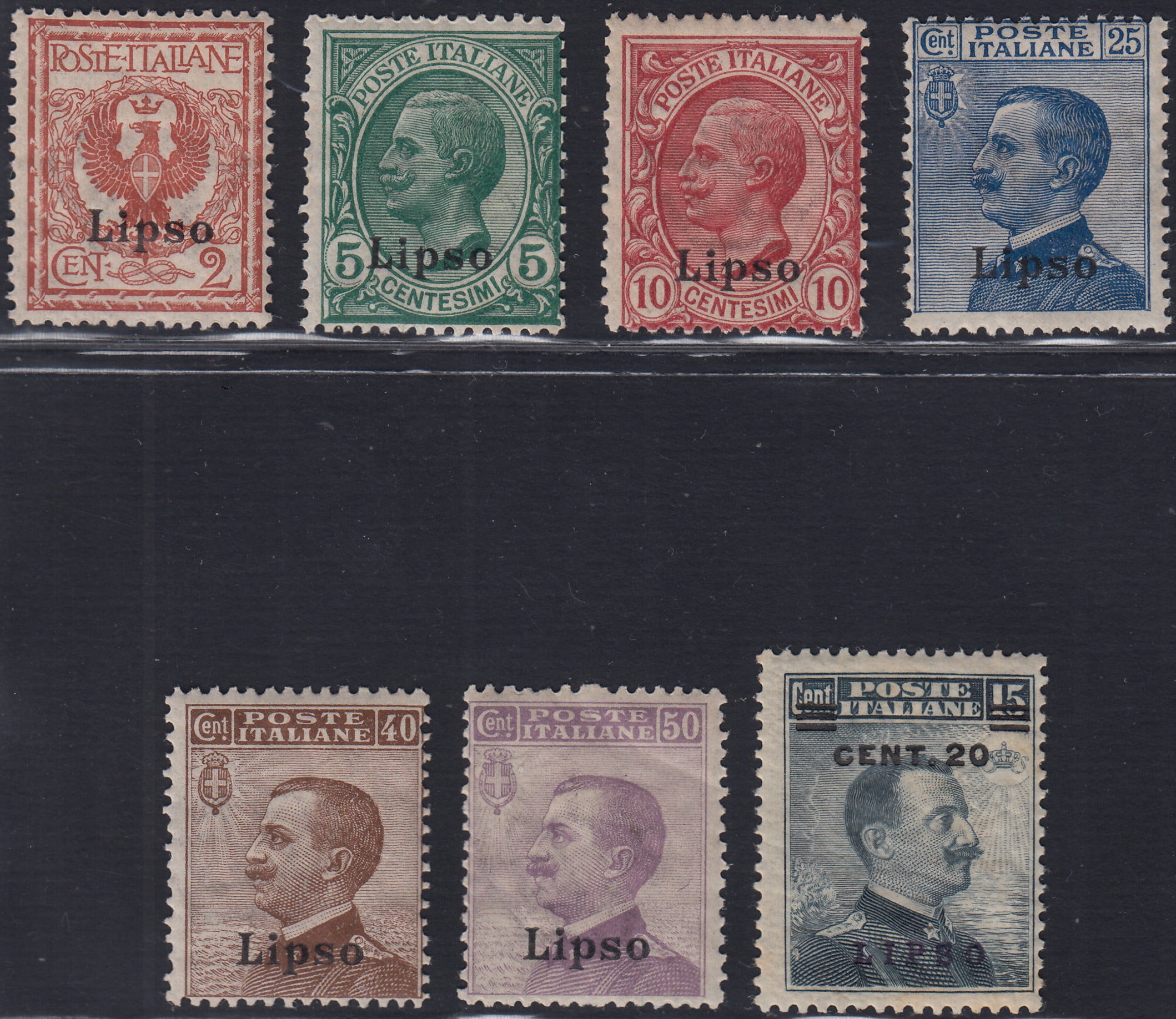 Egeo73 - 1912 - Francobolli di Regno soprastampati "Lipso", sette valori nuovi gomma integra (1/3 + 5/8)