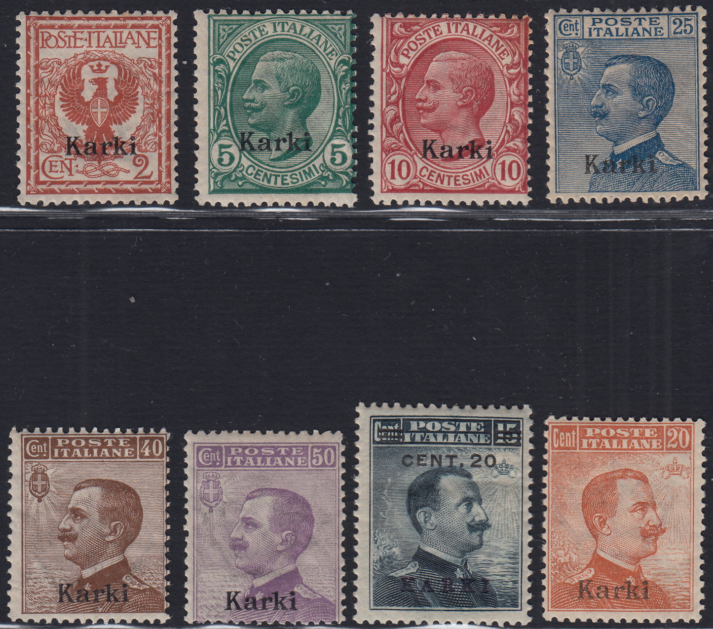 Egeo74 - 1912 - Francobolli ordinari di Regno soprastampati KARKI, sette valori nuovi con gomma integra (1/3 + 5/8 + 11)