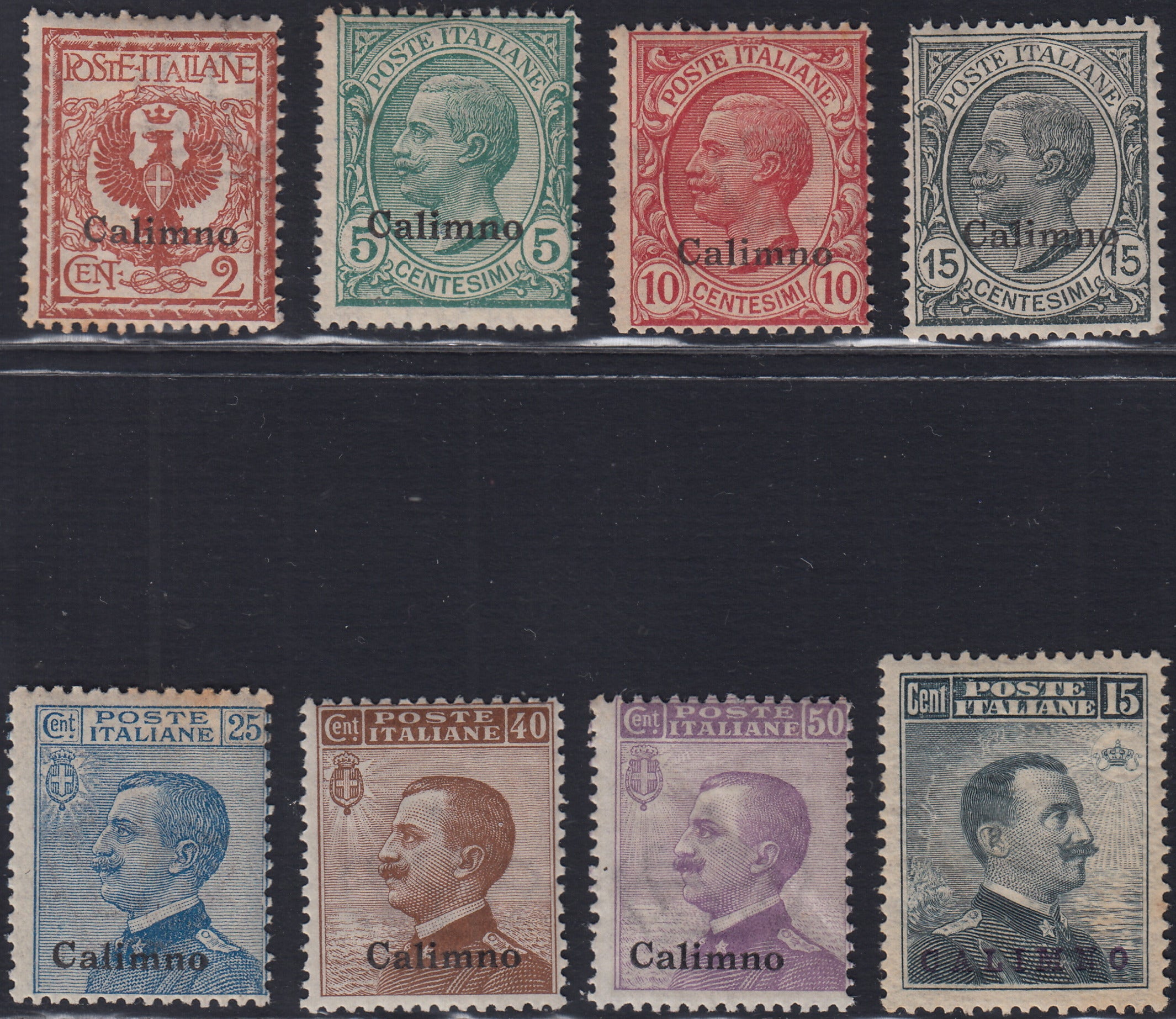 Egeo75 - 1912 - Francobolli ordinari di Regno soprastampati CALIMNO, sette valori nuovi con gomma integra (1/7 + 10)