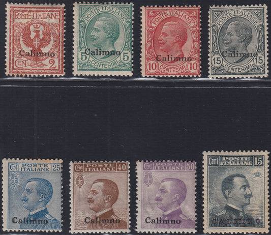 Egeo75 - 1912 - Francobolli ordinari di Regno soprastampati CALIMNO, sette valori nuovi con gomma integra (1/7 + 10)