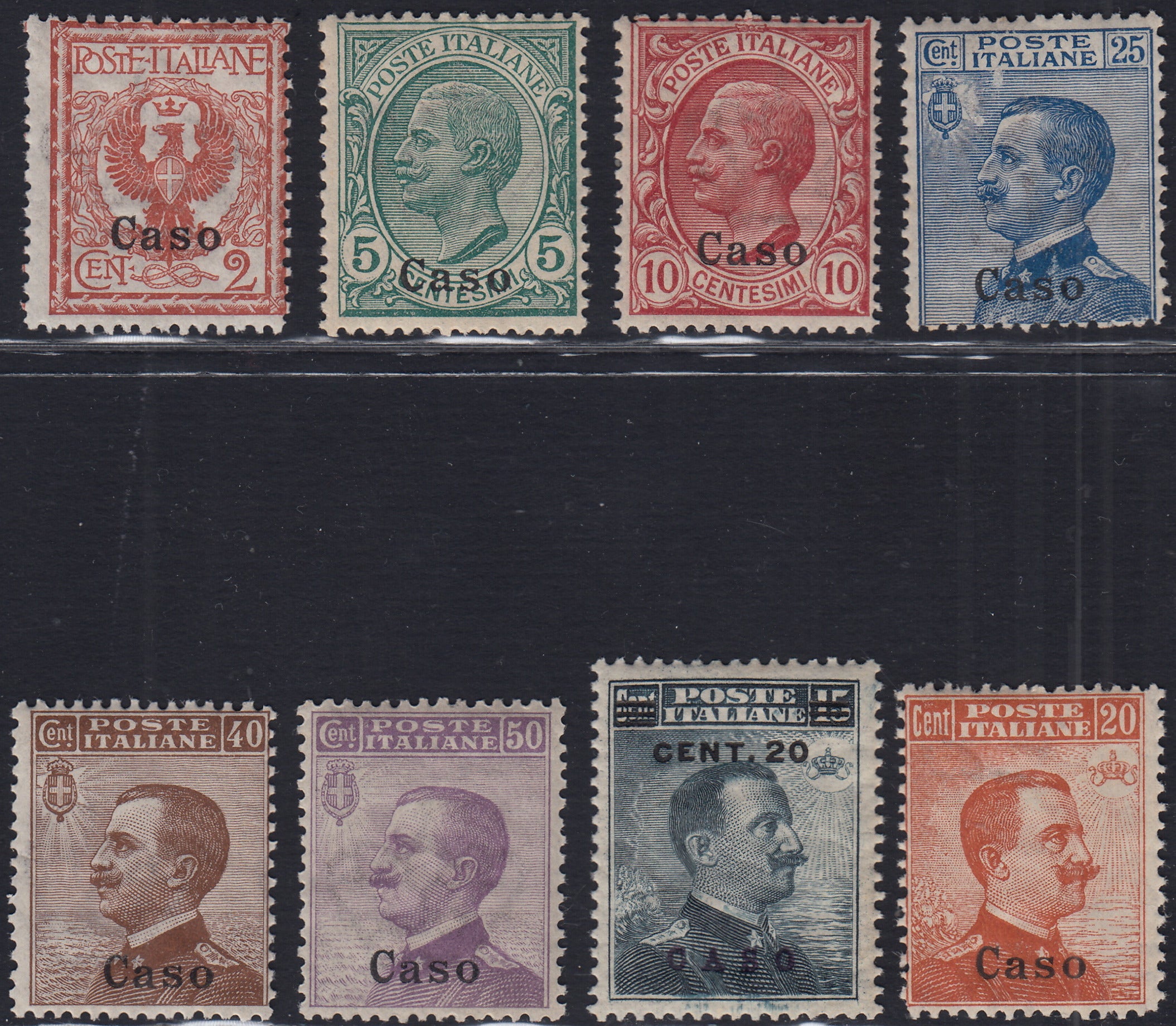 Egeo76 - 1912 - Francobolli di Regno soprastampati "Caso", otto valori nuovi gomma integra (1/3 + 5/8 + 11)