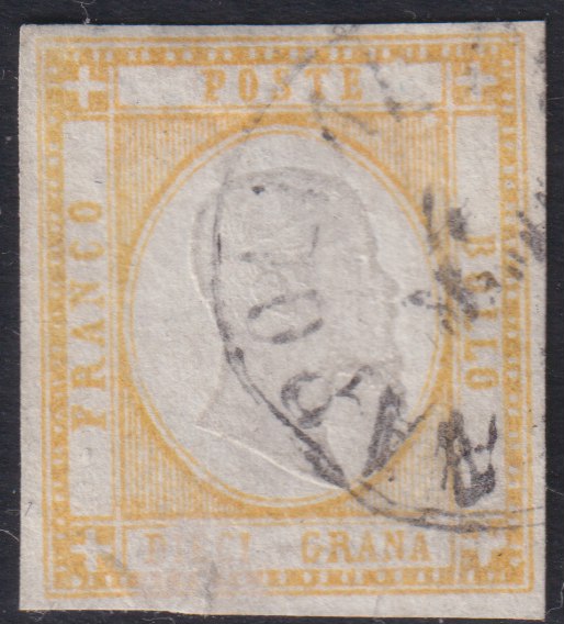 PVN10 -1861 - Effigie di Vittorio Emanuele II volta a destra 10 grana giallo ocra usato, lieve trasparenza, raro colore. (22c).