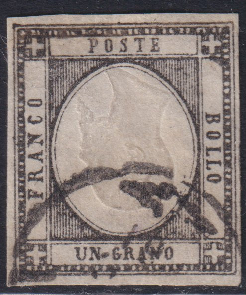 1861 - 1 black grain, copy with triple effigy, new with original rubber (19 AD). Cardillo certificate.