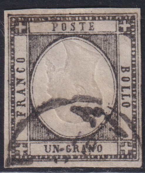 PVN9 -1861 -Effigie di Vittorio Emanuele II volta a destra 1 grano nero con effigie capovolta usato con annullo originale, (19e).