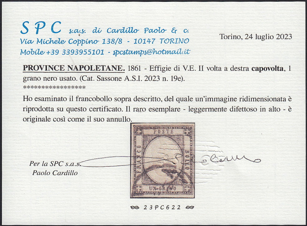 1861 - 1 black grain, copy with triple effigy, new with original rubber (19 AD). Cardillo certificate.