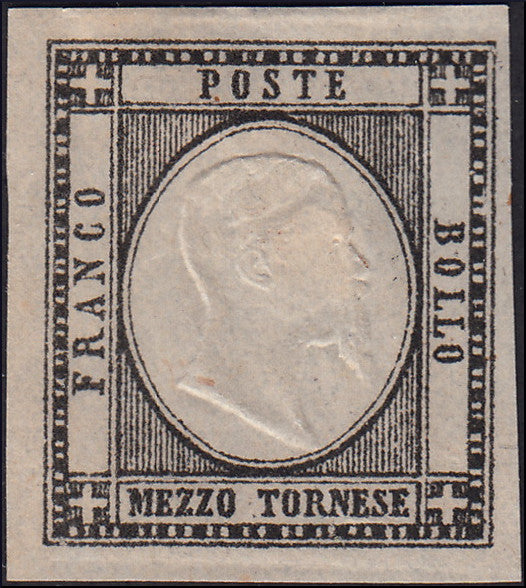 PP1083 - 1863 - Ristampa litografica del francobollo da 1/2 tornese in colore nero con effigie postuma, nuova non gommata (17A, ristampa).