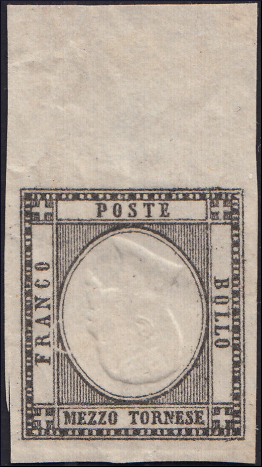 PP1081 - 1863 - Ristampa litografica del francobollo da 1/2 tornese in colore nero con effigie postuma capovolta, nuova non gommata (17A, ristampa).