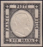 PP1082 - 1863 - Ristampa litografica del francobollo da 2 grana in colore nero con effigie postuma capovolta, nuova non gommata (20, ristampa).