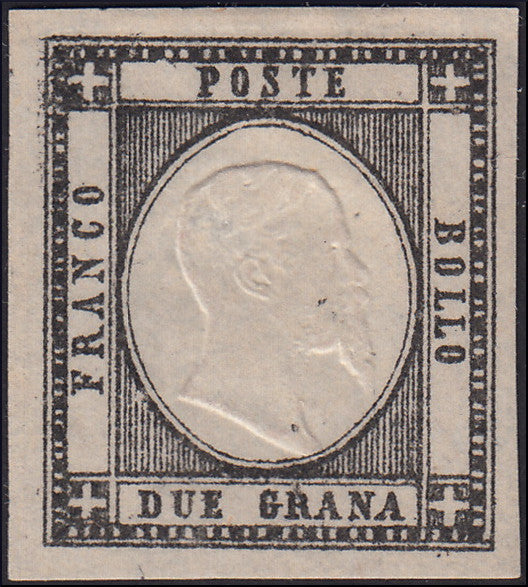 PP1082 - 1863 - Ristampa litografica del francobollo da 2 grana in colore nero con effigie postuma capovolta, nuova non gommata (20, ristampa).