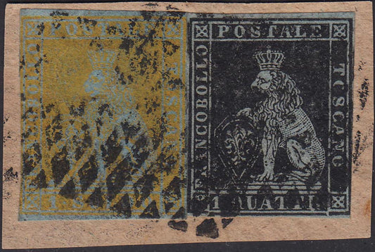 F10_69 - 1851 - I emissione frammento affrancato con 1 quattrino nero + 1 soldo giallo limone entrambi su carta azzurra e filigrana corona. (1a + 2a).