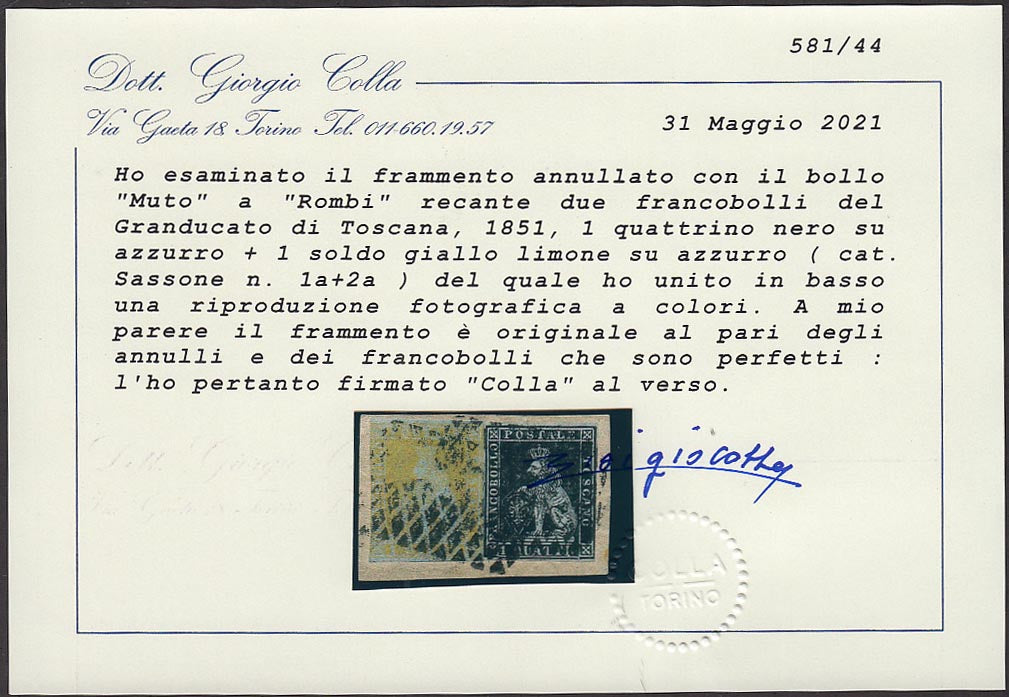 F10_69 - 1851 - I emissione frammento affrancato con 1 quattrino nero + 1 soldo giallo limone entrambi su carta azzurra e filigrana corona. (1a + 2a).