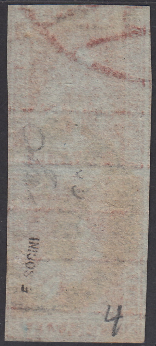 PV2034 - 1851 - I emissione 1 crazia carminio chiaro su carta grigia e filigrana corona coppia verticale usata (4)