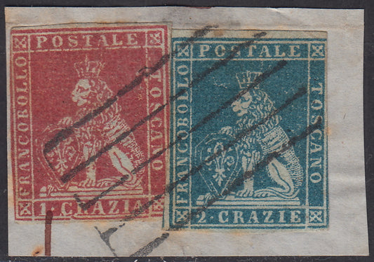 PV2056 - 1851 - I emissione 1 crazia carminio chiaro + 2 crazie azzurro entrambi su carta grigia e filigrana corona usati su frammento (4 + 5).