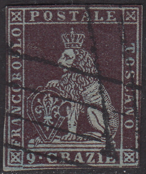 PV1695 - 1851 - I emissione 9 crazie viola bruno scurissimo su carta azzurra detto "Prugna" usato. (8a)