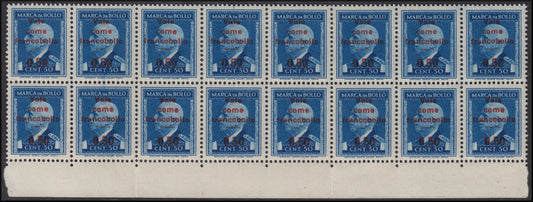 RN92 - Revenue stamp of c. 50 light blue with red overprint "Valid as a 0.50 stamp", new block of 16 copies with intact gum.