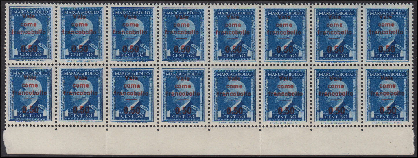 RN92 - Marca da bollo da c. 50 azzurro con soprastampa rossa "Vale come francobollo 0,50", blocco di 16 esemplari nuovo con gomma integra.