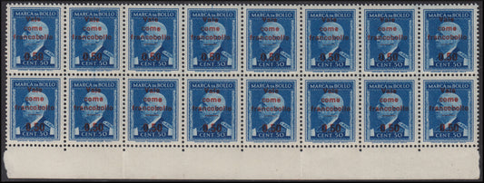 RN92 - Marca da bollo da c. 50 azzurro con soprastampa rossa "Vale come francobollo 0,50", blocco di 16 esemplari nuovo con gomma integra.
