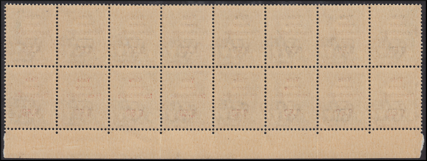 RN92 - Sello fiscal de c. 50 celeste con sobreimpresión roja "Válido como sello 0,50", bloque nuevo de 16 ejemplares con goma intacta.