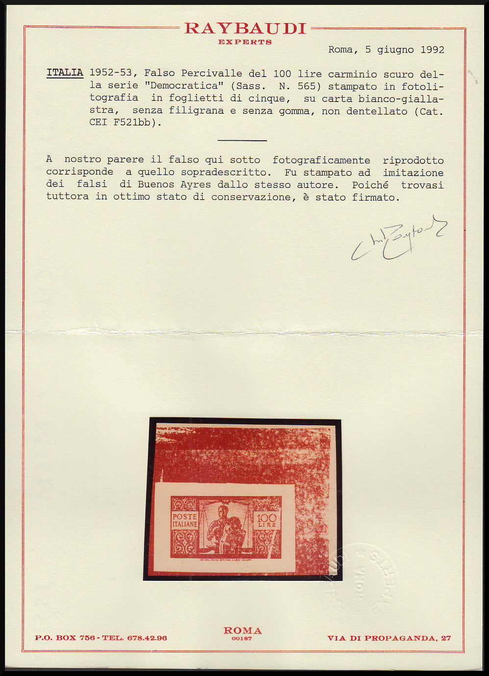 REP6 - 1945 - Democratica, 100 Lire falso litografico di Amantea prodotto dal noto falsario Percivalle per gli immigrati argentini, III tiratura, nuovo non gommato angolo di foglio, posizione n. 2 del foglietto di cinque valori. (CEI F521BB).