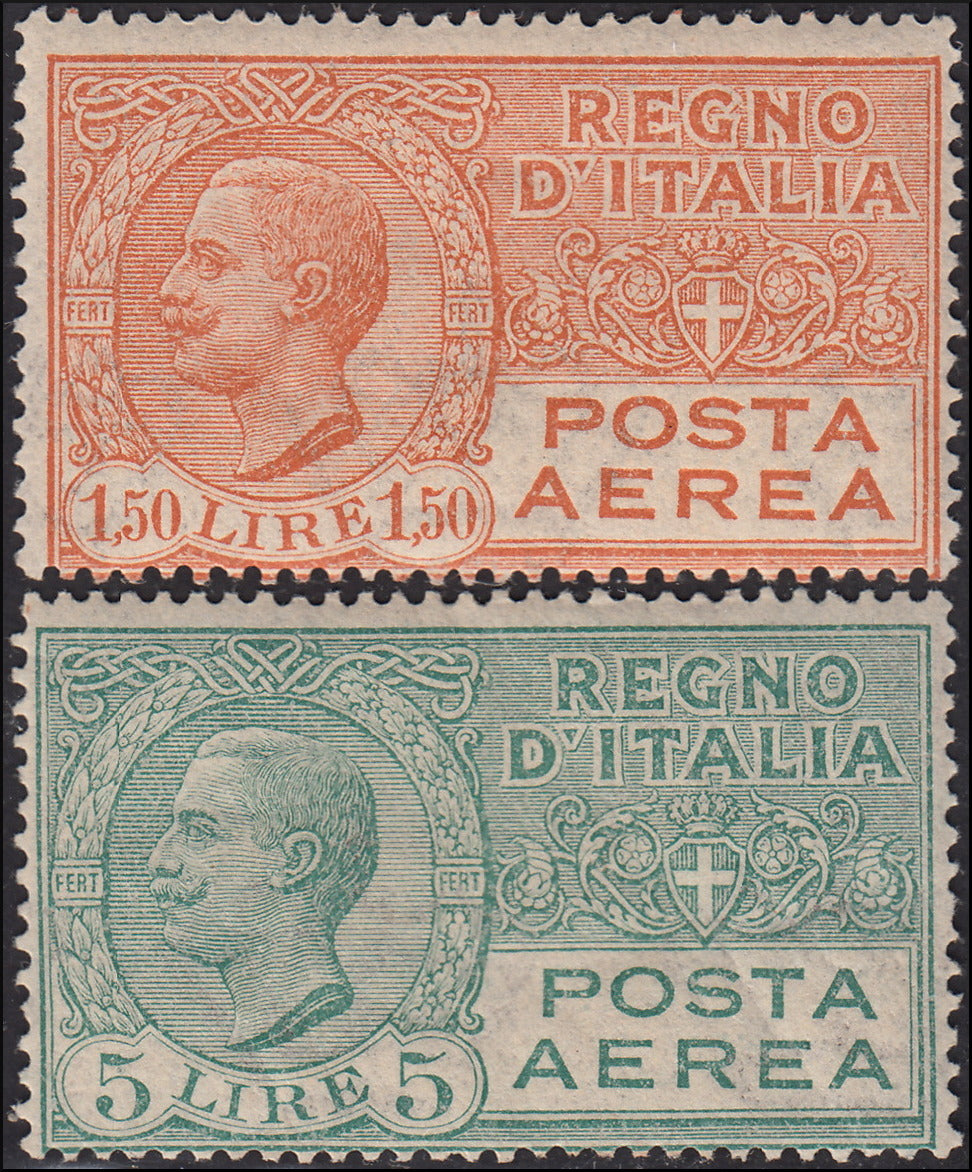 RN46 - 1926/28 - Effigie di Vittorio Emanuele III, L. 1,50 arancio bruno + L. 5 verde nuovi con gomma originale (A6/7).