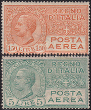 RN46 - 1926/28 - Efigie de Vittorio Emanuele III, L. 1,50 marrón naranja + L. 5 verde nuevo con goma original (A6/7).