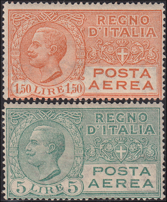 RN46 - 1926/28 - Effigie di Vittorio Emanuele III, L. 1,50 arancio bruno + L. 5 verde nuovi con gomma originale (A6/7).