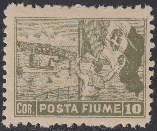 T38 - 1919 - Francobollo Allegorie con dicitura "Posta Fiume" 10 corone oliva con varietà di dentellatura 10 1/2 nuovo con gomma originale integra (56/II).