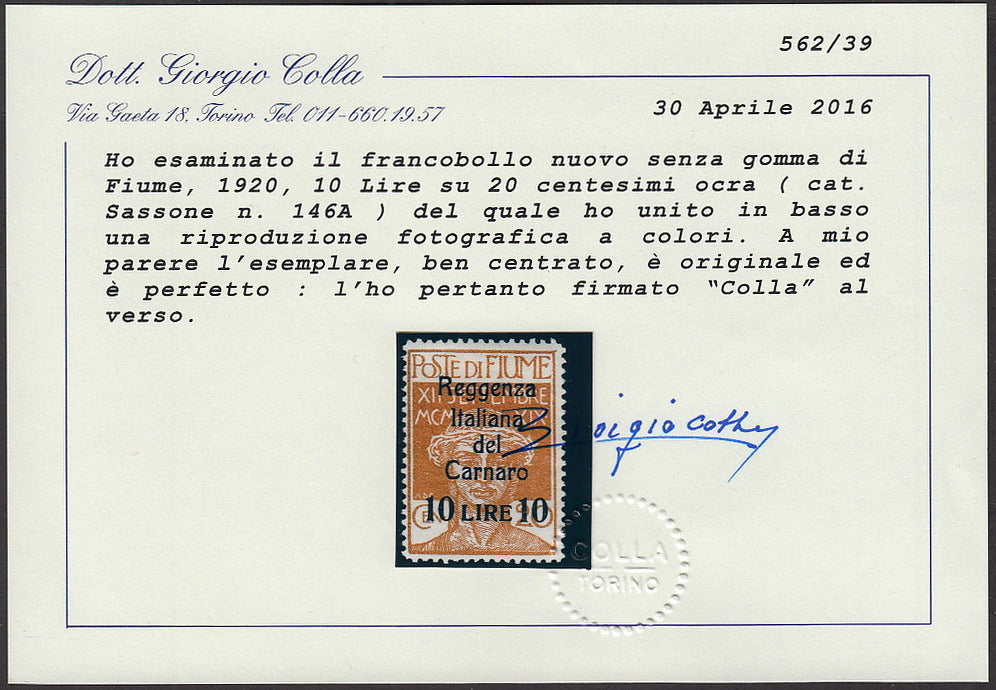 Fiume265 - 1920 - Sello de la serie Legionarios sobreimpreso por la Regencia italiana de Carnaro, L.10 sobre c.20 ocre con números en primer plano, nuevo sin goma (146A).