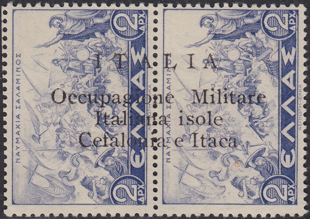 PP4039 - 1941 - Mitologica di Grecia, 2 + 2 dracme oltremare con soprastampa "ITALIA / Occupagione Militare / Isole / Cefalonia e Itaca" in nero, nuovo con gomma originale integra (4).