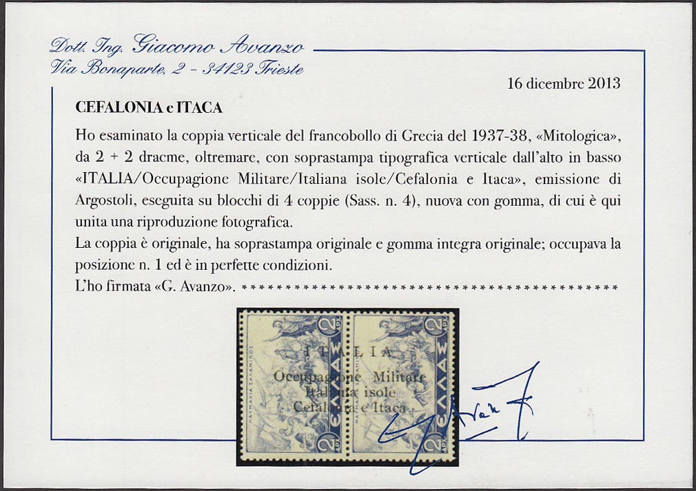 PP4039 - 1941 - Mitologica di Grecia, 2 + 2 dracme oltremare con soprastampa "ITALIA / Occupagione Militare / Isole / Cefalonia e Itaca" in nero, nuovo con gomma originale integra (4).