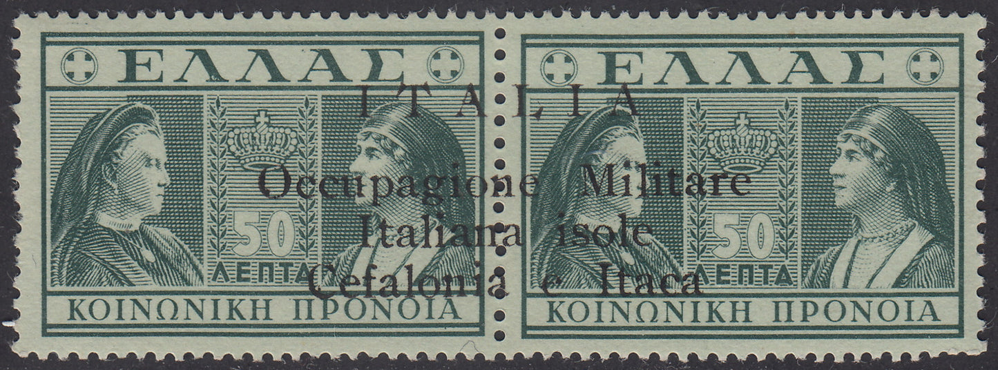 Cef53 - Greek Charity from 1940, 50 green lepta in vertical pair with overprint "Italy / Military Occupation / Italian Islands / Kefalonia and Ithaca" used (35)