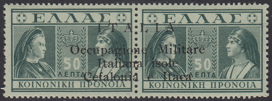 CEF19 - 1941 - Previdenza Soclale, 50 + 50 lepta verde con soprastampa "ITALIA / Occupagione Militare / Isole / Cefalonia e Itaca", I tavola posizione n. 3, nuova con gomma integra. (6).