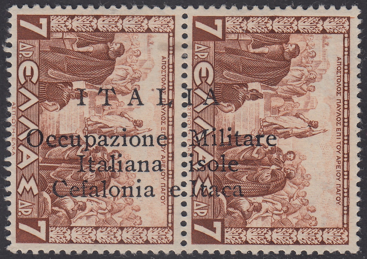 Cef53 - Greek Charity from 1940, 50 green lepta in vertical pair with overprint "Italy / Military Occupation / Italian Islands / Kefalonia and Ithaca" used (35)