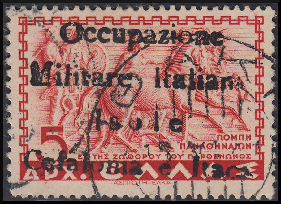 Cef53 - Greek Charity from 1940, 50 green lepta in vertical pair with overprint "Italy / Military Occupation / Italian Islands / Kefalonia and Ithaca" used (35)