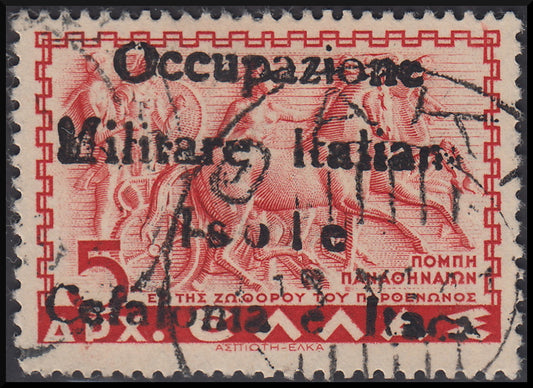 FF59 - 1941 - Mitologica di Grecia, 5 dracme rosso con soprastampa "Occupazione / Militare Italiana / Isole /Cefalonia e Itaca" usato (35).