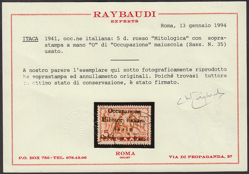 Cef53 - Greek Charity from 1940, 50 green lepta in vertical pair with overprint "Italy / Military Occupation / Italian Islands / Kefalonia and Ithaca" used (35)