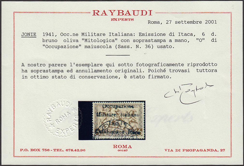 FF60 - 1941 - Mitologica di Grecia, 6 dracme bruno oliva con soprastampa "Occupazione / Militare Italiana / Isole /Cefalonia e Itaca" usato (36).