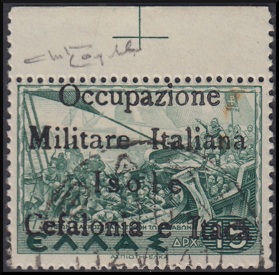 Cef53 - Greek Charity from 1940, 50 green lepta in vertical pair with overprint "Italy / Military Occupation / Italian Islands / Kefalonia and Ithaca" used (35)