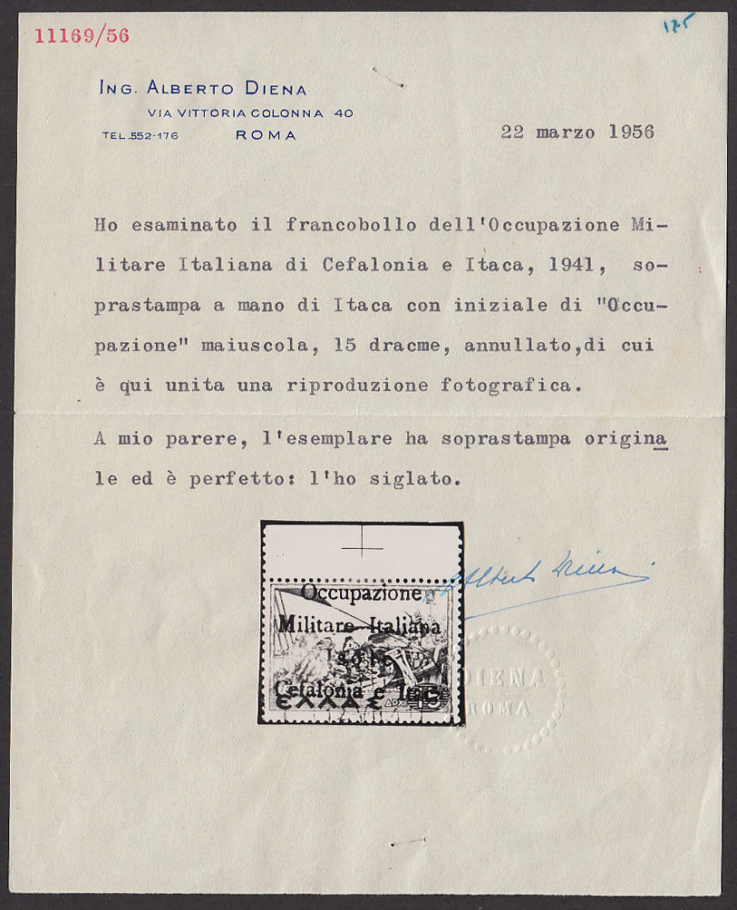 FF63 - 1941 - Mitologica di Grecia, 15 dracme verde con soprastampa "Occupazione / Militare Italiana / Isole /Cefalonia e Itaca" usato (39).